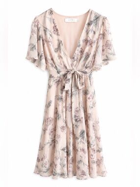 ASTR the Label Floral Blush pink Print Tie-Front Midi Dress Size M wedding guest